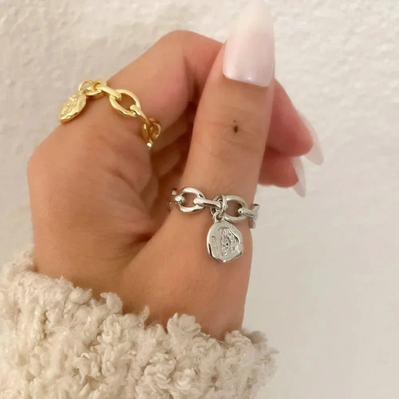 925 Sterling Silver Curb Chain Ring Chunky Dangle Charm Ring Dainty Boho Ring - Picture 7 of 9